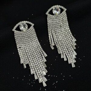 NEW Natasha Silver Statement Rhinestone Eye Fringe Dangle Earrings - Sparkle!